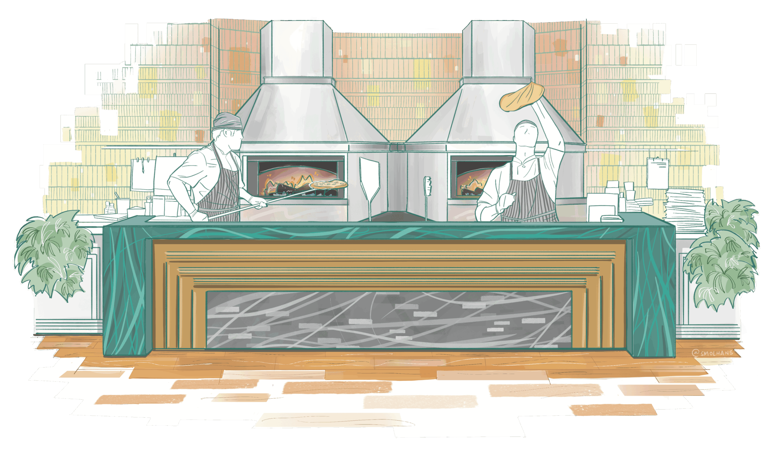 Italian chefs cooking in front of pizza oven